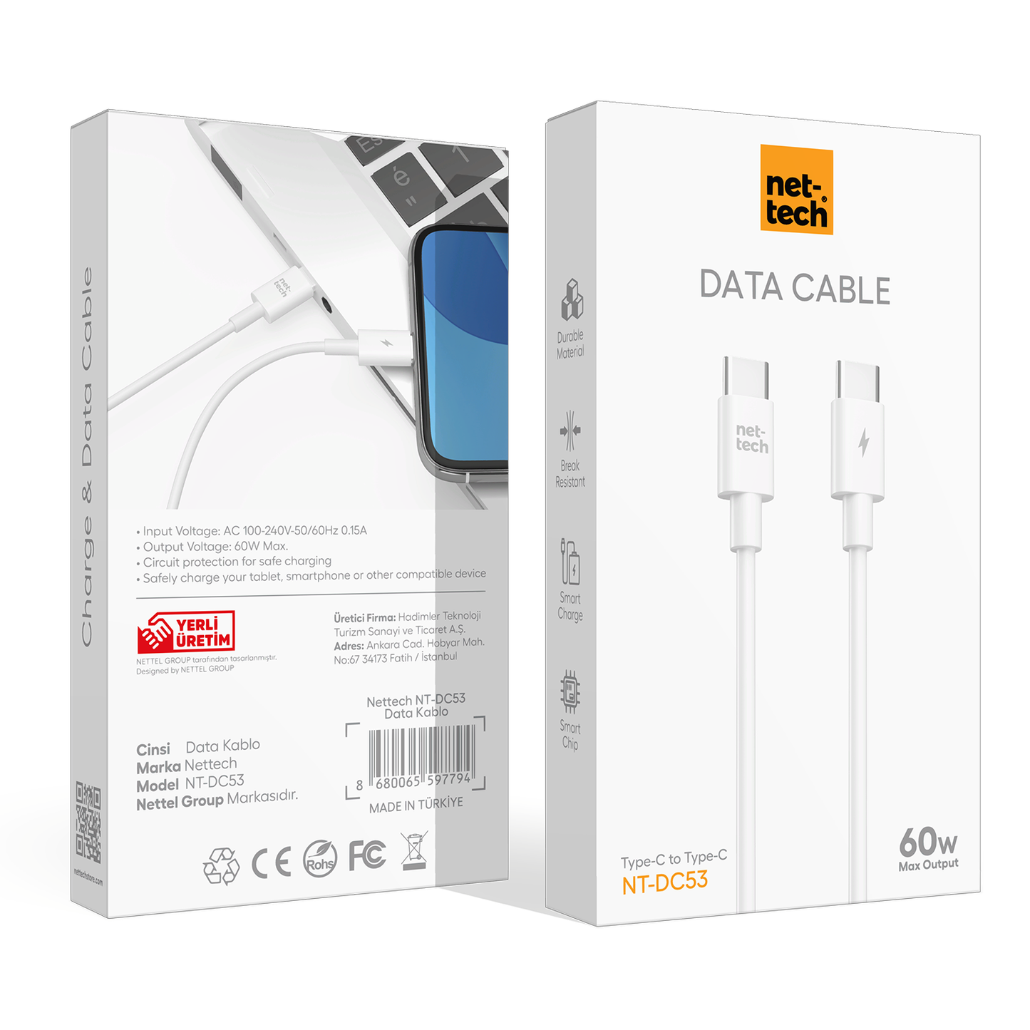 60W Plastik 100 Cm Type-C To Type-C Şarj ve Data Kablosu